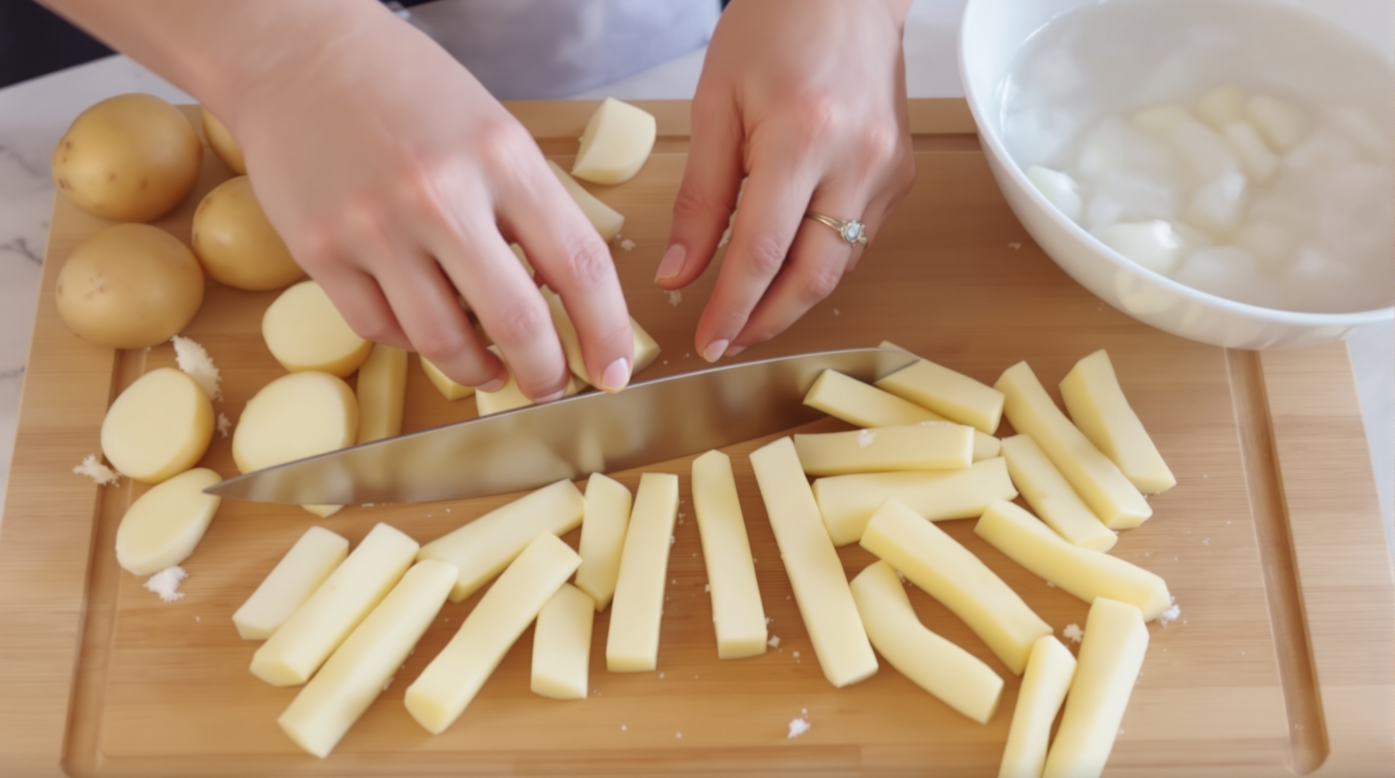 Potatoes being cut into fries on a cutting board