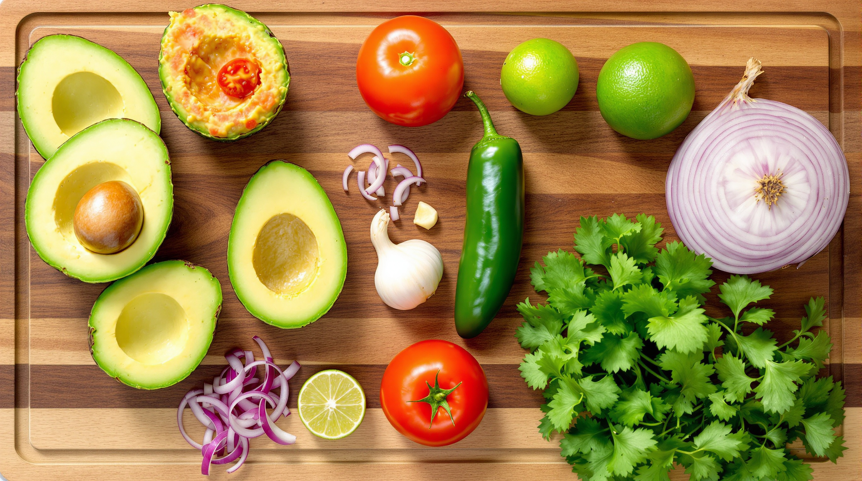 Fresh guacamole ingredients laid out on a board
