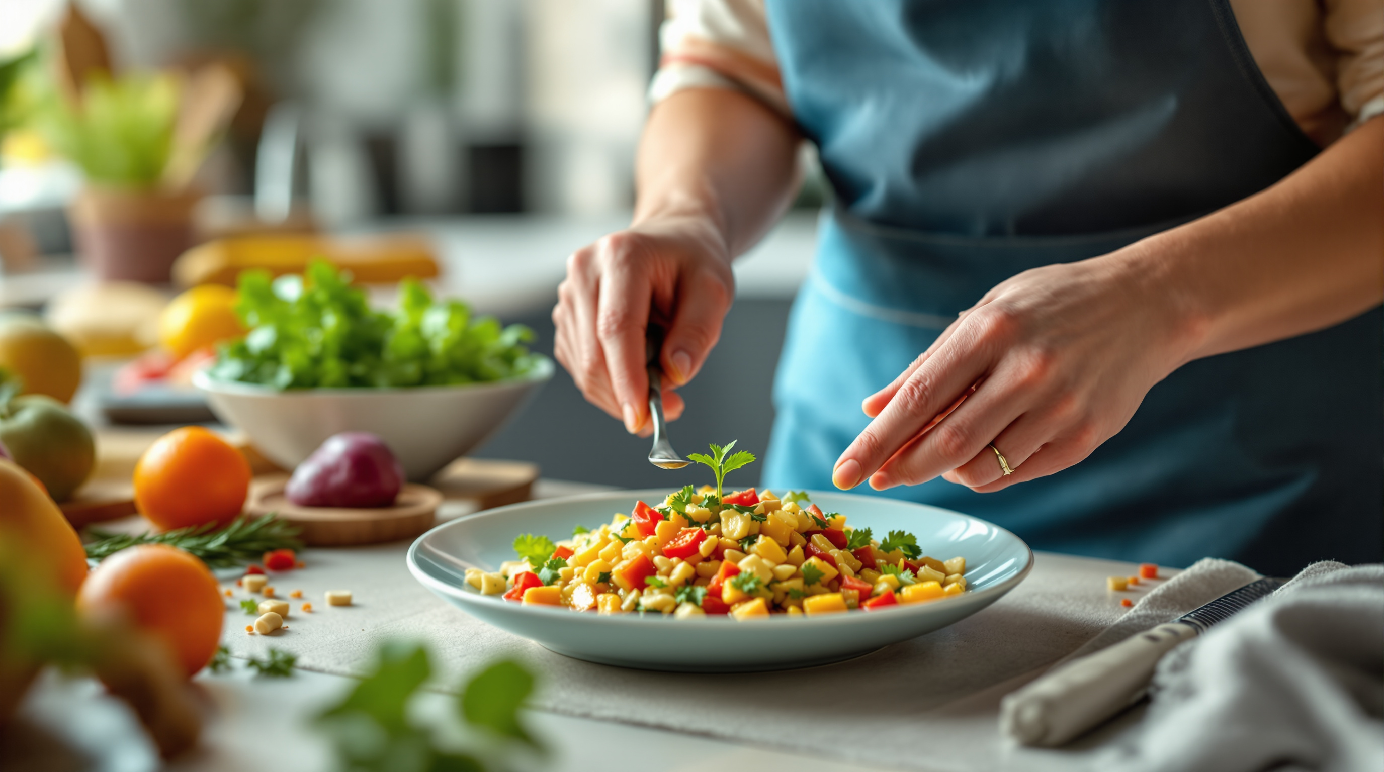 Home cook plating a fresh meal in a bright kitchen